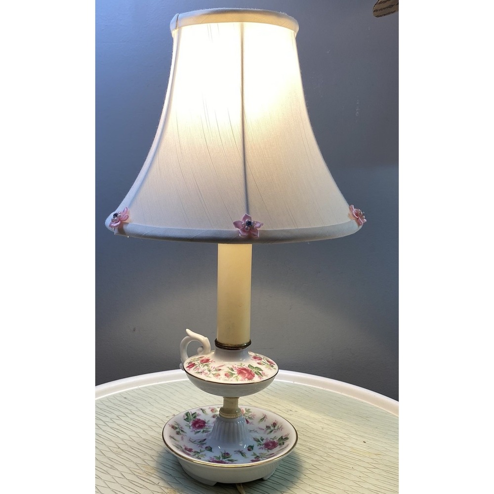 Vintage Porcelain Rose Floral Lamp W/White Shade Pink Girls Babies Room